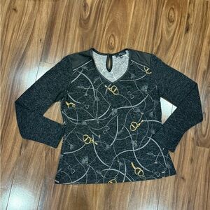 Gray and Black Long Sleeve Top with Gold Accents
